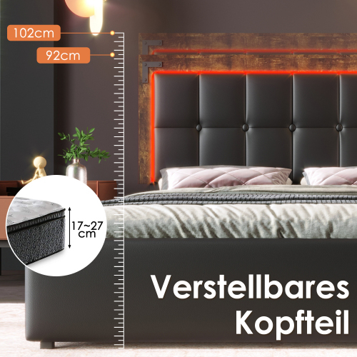 Bettgestell mit LED-Beleuchtungsleiste und 4 Schubladen, Höhenverstellbarem Kopfteil, Funktionsbett
