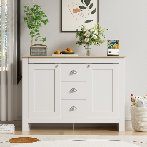 Warmweißer Holz-Sideboard mit 2 Türen und 3 Schubladen – Mit Silbernen Griffen, Verstellbarem Regal und Soft-Close-Scharnieren – 116 cm Lang x 35 cm Breit x 81 cm Hoch 
