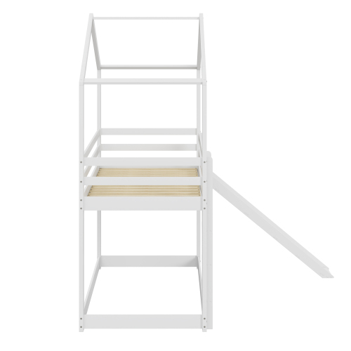 Kinderbett Hausbett, Niedriges Etagenbett mit Rutsche, Massivholz-Etagenbettrahmen mit Lattenrost 