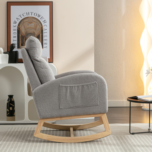 Mid Century Modern Teddy Fabric Upholstered Rocking Chair Padded Seat For Living Room Bedroom