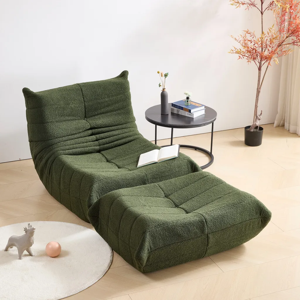 Relax Sessel Sofa Set – Faltbares Schlafsofa mit Rückenlehne & Fußstütze aus Teddystoff, Grün, für Wohnzimmer & Meditation