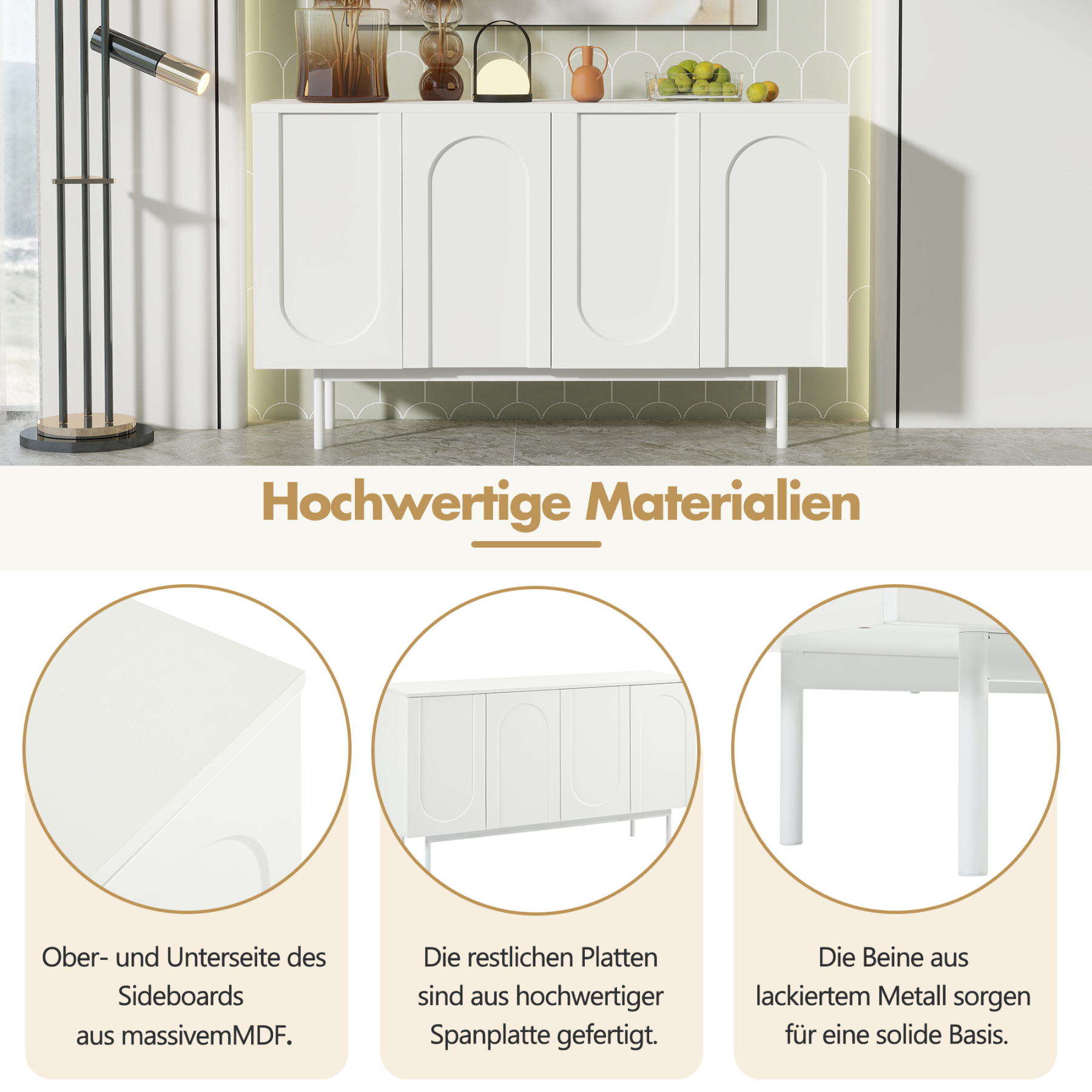 Buffet Bahut Moderne 120×35×71cm - OKWISH - 4 Portes, Espace de Rangement et Plateau Réglable - Blanc - Contemporain