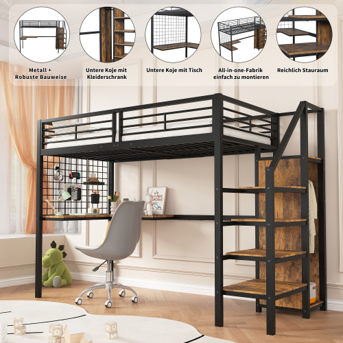 Hochbett mit Tisch und Kleiderschrank-OKWISH