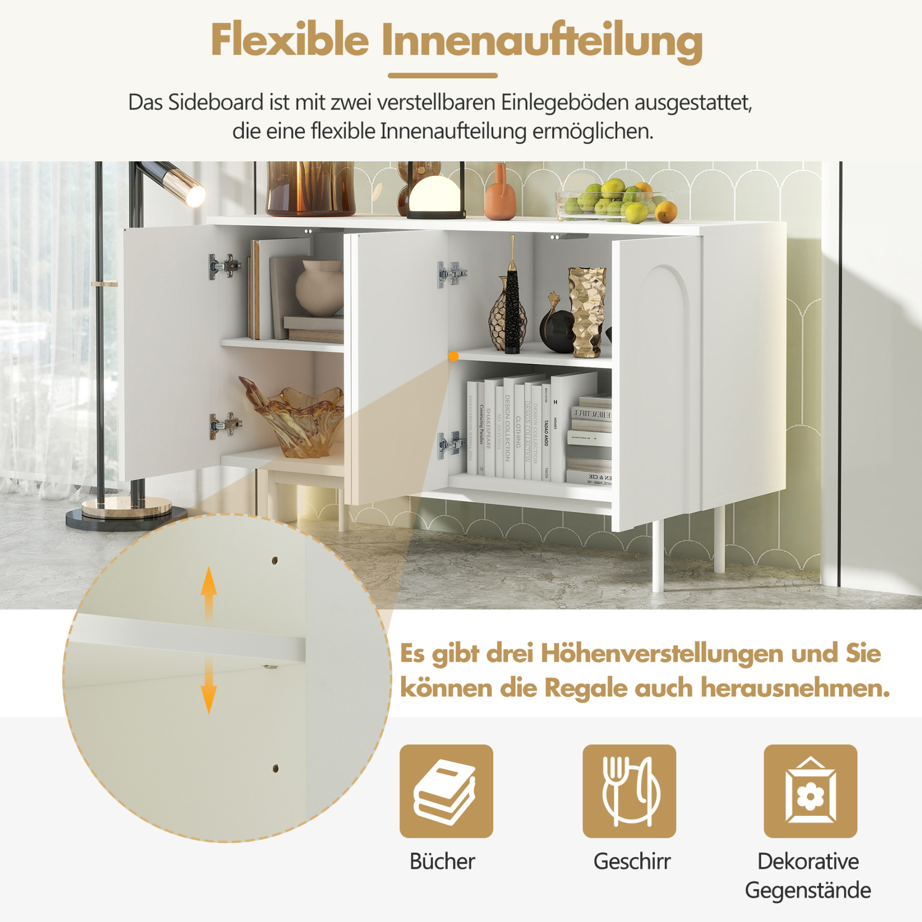 Buffet Bahut Moderne 120×35×71cm - OKWISH - 4 Portes, Espace de Rangement et Plateau Réglable - Blanc - Contemporain