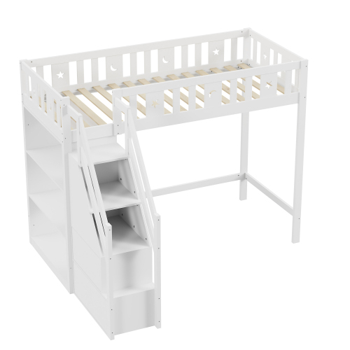 Hochbett, mit Stauraumleiter und Regalen, Einzelholzbett, Jugendbett, Kinderbett, Massivholzrahmen