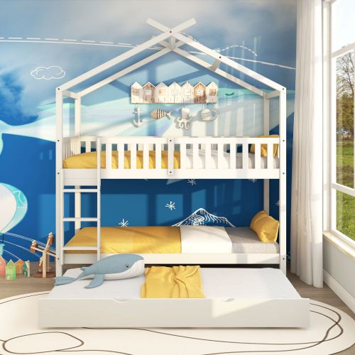 Hausbett Kinderbett Jugendbett,  drei Betten, Ausziehbar, Platzsparendes Design