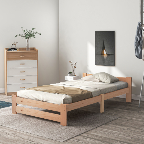 Solide Massivholzbett Futonbett Massivholz Natur Bett aus mit Kopfteil und Lattenrost , Natur