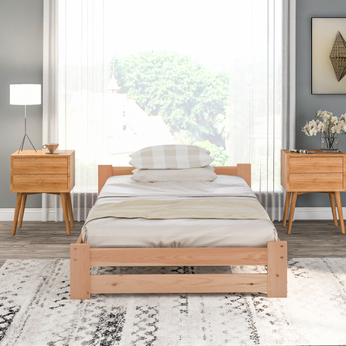 Solide Massivholzbett Futonbett Massivholz Natur Bett aus mit Kopfteil und Lattenrost , Natur