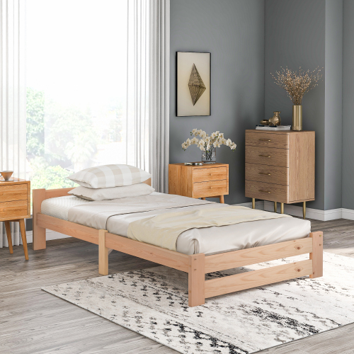Solide Massivholzbett Futonbett Massivholz Natur Bett aus mit Kopfteil und Lattenrost , Natur