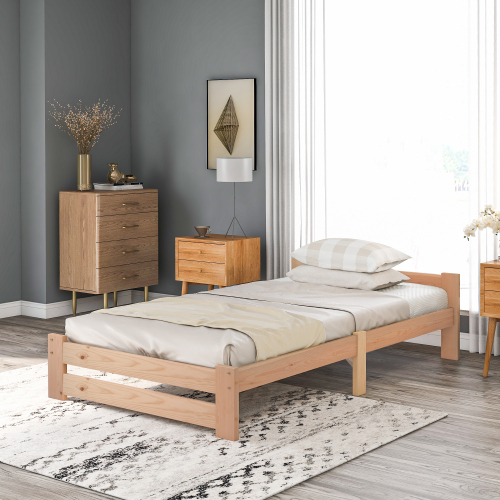 Solide Massivholzbett Futonbett Massivholz Natur Bett aus mit Kopfteil und Lattenrost , Natur