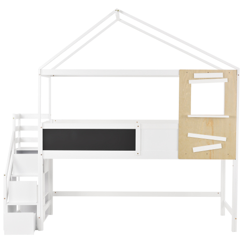 Hausbett, Kinderbett, mit Treppe und Fenster, mit Lattenrost, Treppe mit 3 Schubladen, (90x200 cm) 
