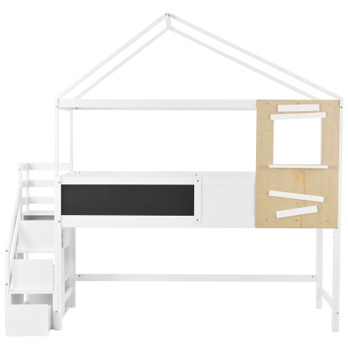Hausbett, Kinderbett, mit Treppe und Fenster, mit Lattenrost, Treppe mit 3 Schubladen, (90x200 cm) 
