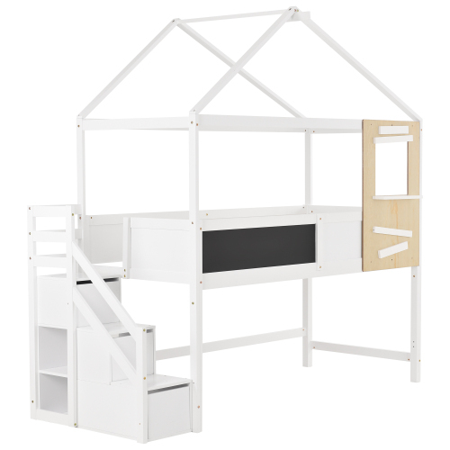 Hausbett, Kinderbett, mit Treppe und Fenster, mit Lattenrost, Treppe mit 3 Schubladen, (90x200 cm) 