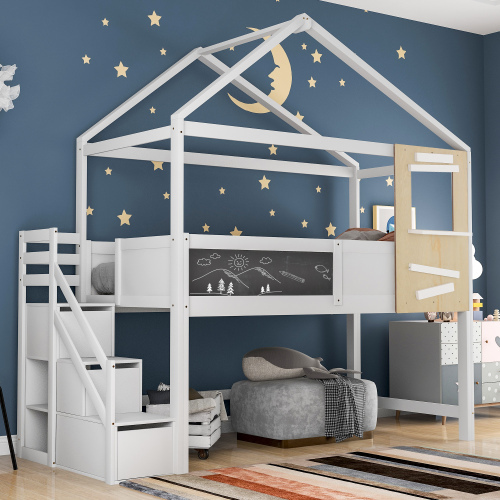 Hausbett, Kinderbett, mit Treppe und Fenster, mit Lattenrost, Treppe mit 3 Schubladen, (90x200 cm) 