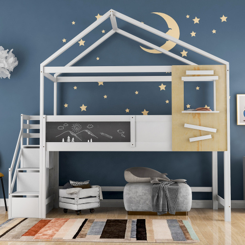Hausbett, Kinderbett, mit Treppe und Fenster, mit Lattenrost, Treppe mit 3 Schubladen, (90x200 cm) 