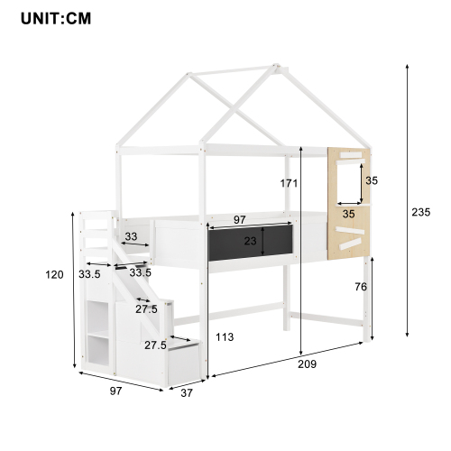 Hausbett, Kinderbett, mit Treppe und Fenster, mit Lattenrost, Treppe mit 3 Schubladen, (90x200 cm) 