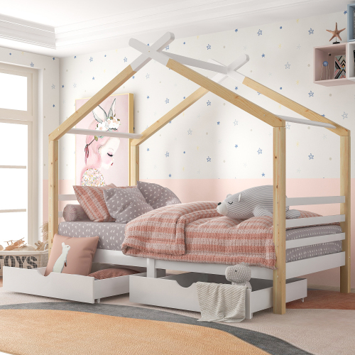 Kinderbett mit Schubladen, Heimbett aus Massivholz mit Lattenrost-OKWISH
