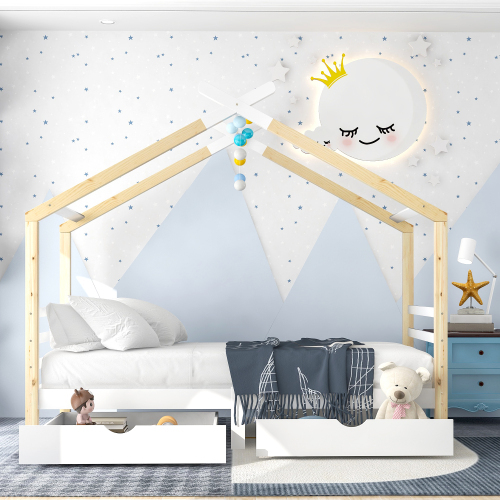 Kinderbett mit Schubladen, Heimbett aus Massivholz mit Lattenrost-OKWISH
