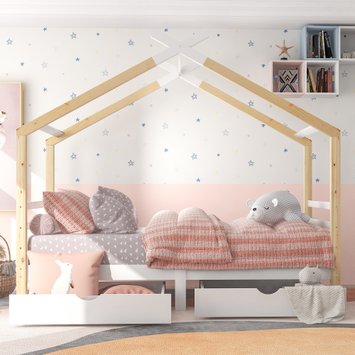 Kinderbett mit Schubladen, Heimbett aus Massivholz mit Lattenrost-OKWISH