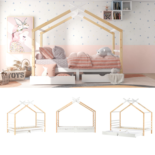 Kinderbett mit Schubladen, Heimbett aus Massivholz mit Lattenrost-OKWISH