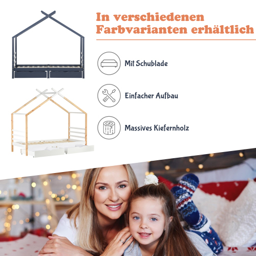 Kinderbett mit Schubladen, Heimbett aus Massivholz mit Lattenrost-OKWISH