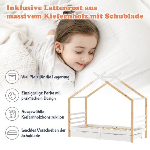 Kinderbett mit Schubladen, Heimbett aus Massivholz mit Lattenrost-OKWISH