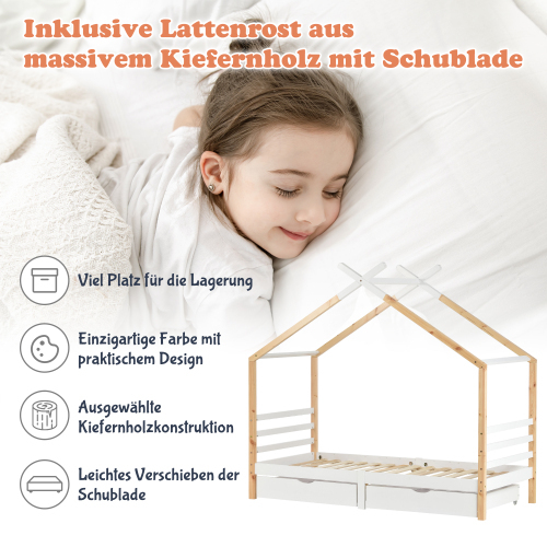 Kinderbett mit Schubladen, Heimbett aus Massivholz mit Lattenrost-OKWISH
