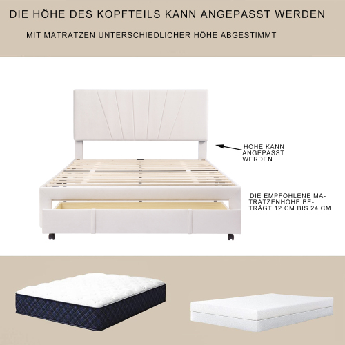 Gepolstertes Doppelbett mit Rückenlehne und großen Schubladen-OKWISH