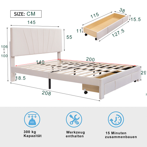 Gepolstertes Doppelbett mit Rückenlehne und großen Schubladen-OKWISH
