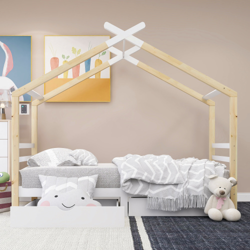 Kinderbett mit Schubladen, Heimbett aus Massivholz mit Lattenrost-OKWISH