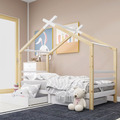 Kinderbett mit Schubladen, Heimbett aus Massivholz mit Lattenrost-OKWISH