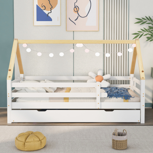 Naturfarbenes Kinderbett mit Dach-OKWISH