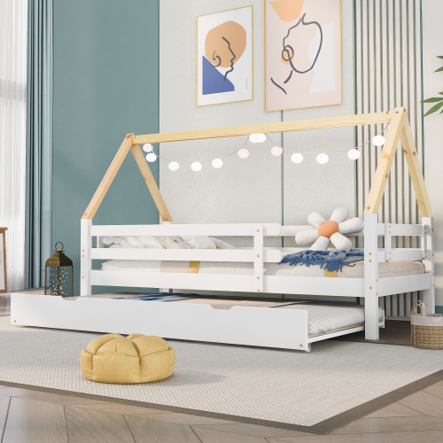 Naturfarbenes Kinderbett mit Dach-OKWISH