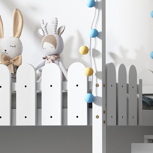 Kinderbett, Etagenbett, mit 3 Treppen, mit 2 Schubladen, mit Zaundekor, massivholz（90*200cm）