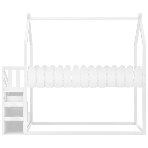 Kinderbett, Etagenbett, mit 3 Treppen, mit 2 Schubladen, mit Zaundekor, massivholz（90*200cm）