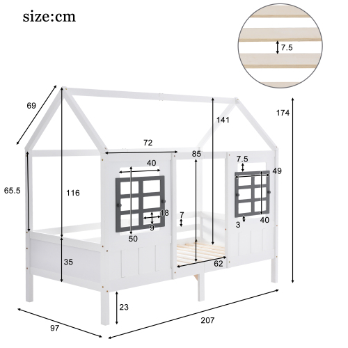 Hausbett, Einzelbett, Tagesbett, Kinderbett mit 2 Fenstern, Rahmen aus Kiefer, (90x200cm) 