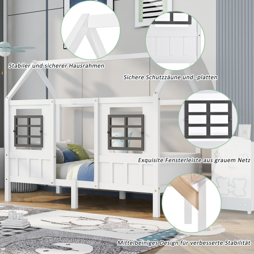 Hausbett, Einzelbett, Tagesbett, Kinderbett mit 2 Fenstern, Rahmen aus Kiefer, (90x200cm) 