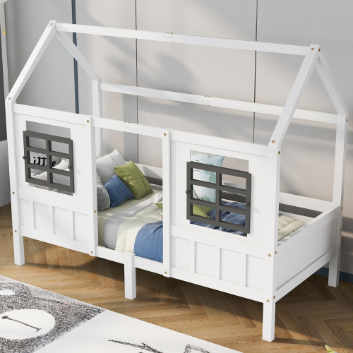 Hausbett, Einzelbett, Tagesbett, Kinderbett mit 2 Fenstern, Rahmen aus Kiefer, (90x200cm) 
