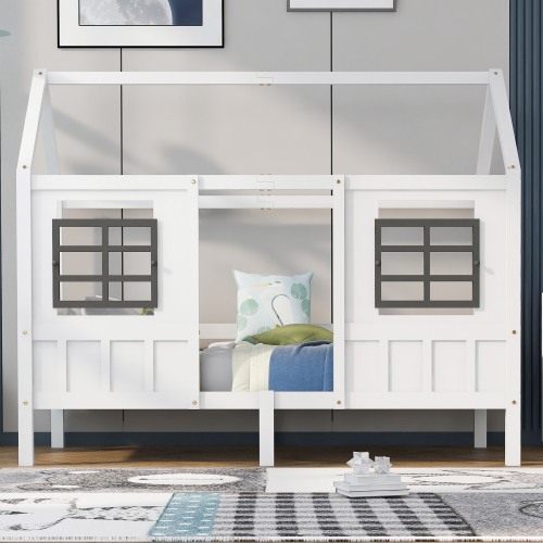 Hausbett, Einzelbett, Tagesbett, Kinderbett mit 2 Fenstern, Rahmen aus Kiefer, (90x200cm) 