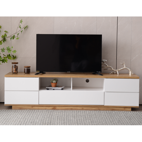 Moderner Farbblock-TV-Schrank in weißer Ausführung, TV-Schrank mit Holzmaserung, 180 cm