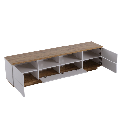 Moderner Farbblock-TV-Schrank in weißer Ausführung, TV-Schrank mit Holzmaserung, 180 cm