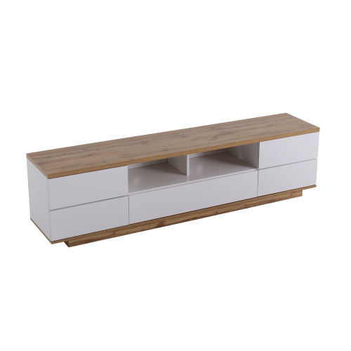 Moderner Farbblock-TV-Schrank in weißer Ausführung, TV-Schrank mit Holzmaserung, 180 cm