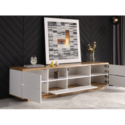 Moderner Farbblock-TV-Schrank in weißer Ausführung, TV-Schrank mit Holzmaserung, 180 cm
