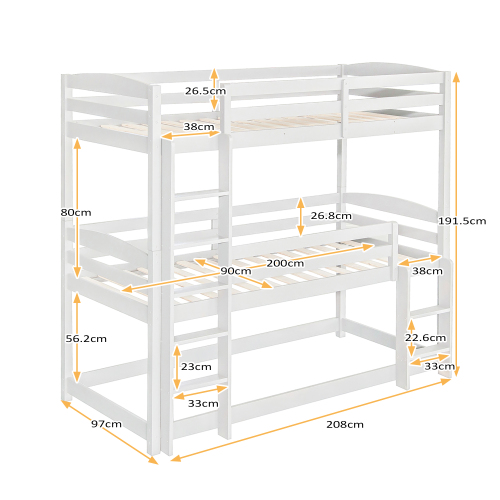 Single-Size-Holz-Dreier-Etagenbett für Kinder,  90*200cm