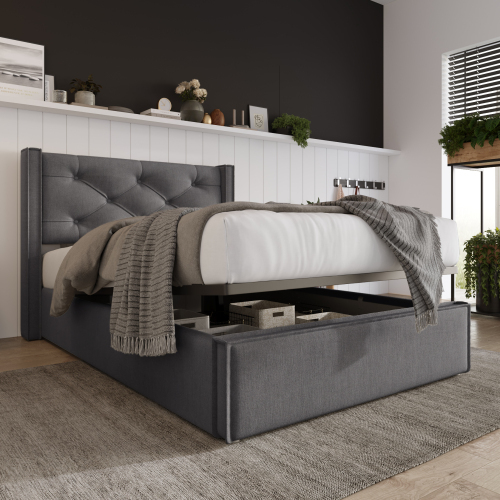 Hydraulisch Doppelbett Polsterbett,Bett mit Lattenrost aus Metallrahmen