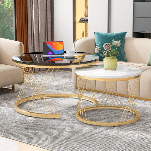 Moderne Nesting Couchtisch, Couchtisch Satz Marmor Furnier Sofa Seite Nest von Tischen Runde Endtische, Satz von 2, Goldene Farbe Frame 