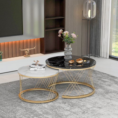 Moderne Nesting Couchtisch, Couchtisch Satz Marmor Furnier Sofa Seite Nest von Tischen Runde Endtische, Satz von 2, Goldene Farbe Frame 