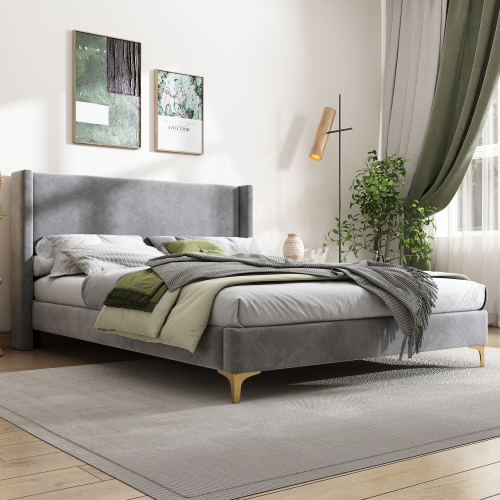 Polsterbett, Bett mit Lattenrost, hohes Kopfteil, gepolstertes Kopfteil, 140 x 200cm