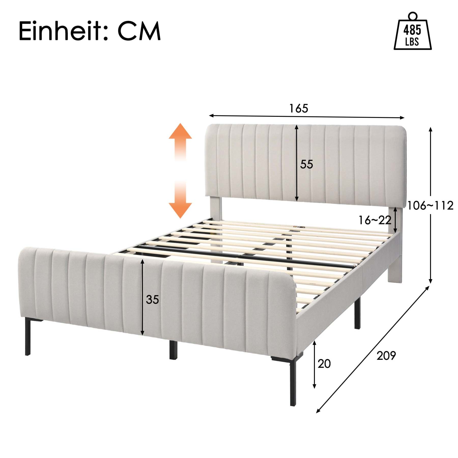 Polsterbett Doppelbett, Bettgestell mit Lattenrost und Verstellbares Kopfteil, Gepolstertes bett in 