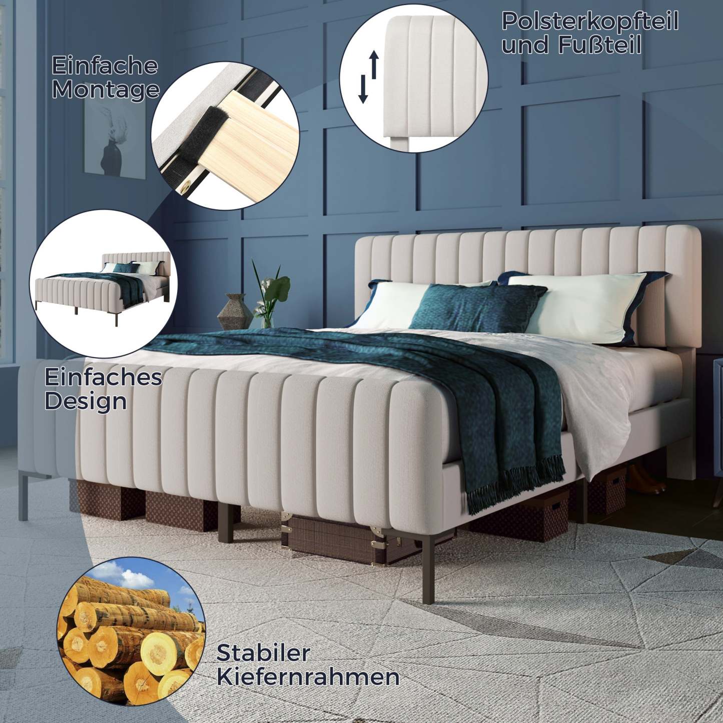 Polsterbett Doppelbett, Bettgestell mit Lattenrost und Verstellbares Kopfteil, Gepolstertes bett in 